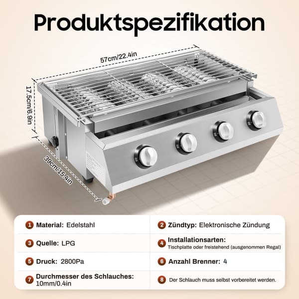 BBQ Propaanikaasu Grilli, 4 Poltinta, Helppo Puhdistus, Säädettävä Grillikorkeus