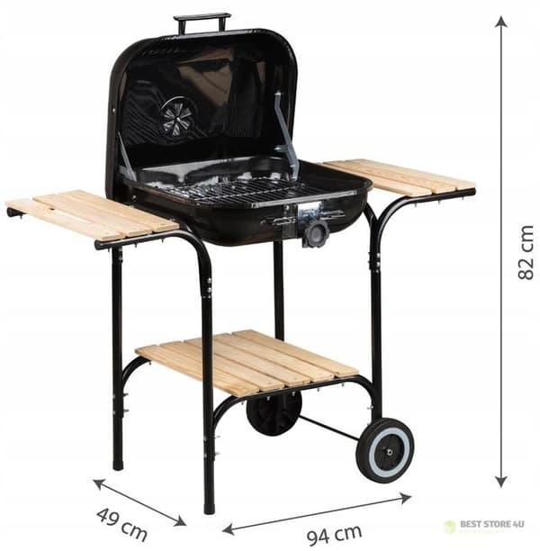 Stor havegrill med justerbar rist og træhylder