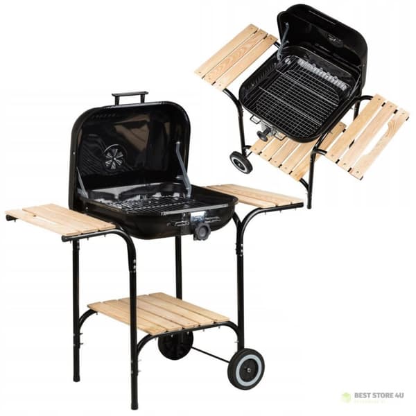 Stor havegrill med justerbar rist og træhylder