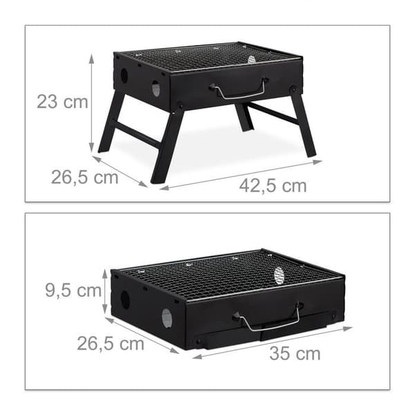 Relaxdays liten campinggrill, 4 personers resegrill, hopfällbar stålgrill HxBxD: 23 x 42,5 x 26,5 cm, svart