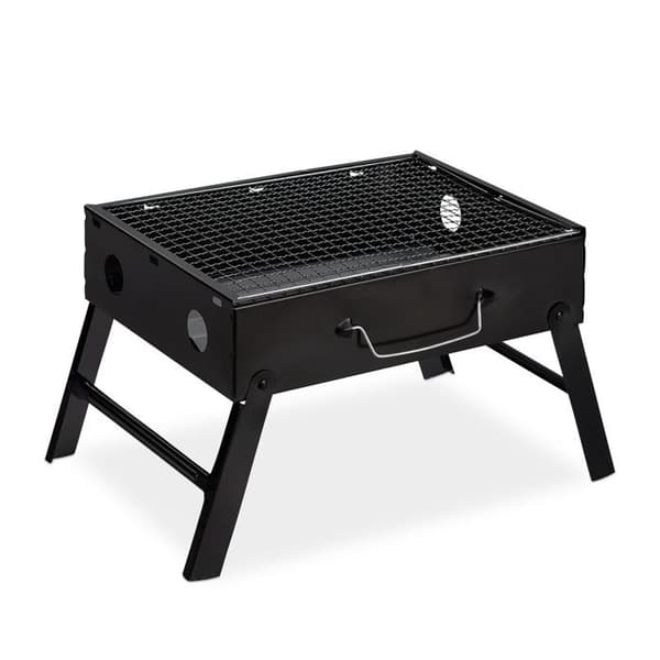 Relaxdays liten campinggrill, 4 personers resegrill, hopfällbar stålgrill HxBxD: 23 x 42,5 x 26,5 cm, svart