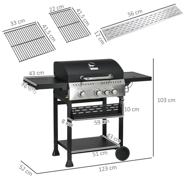 Gasgrill, 3 KW 3+1, 123x52x101 cm, Svart