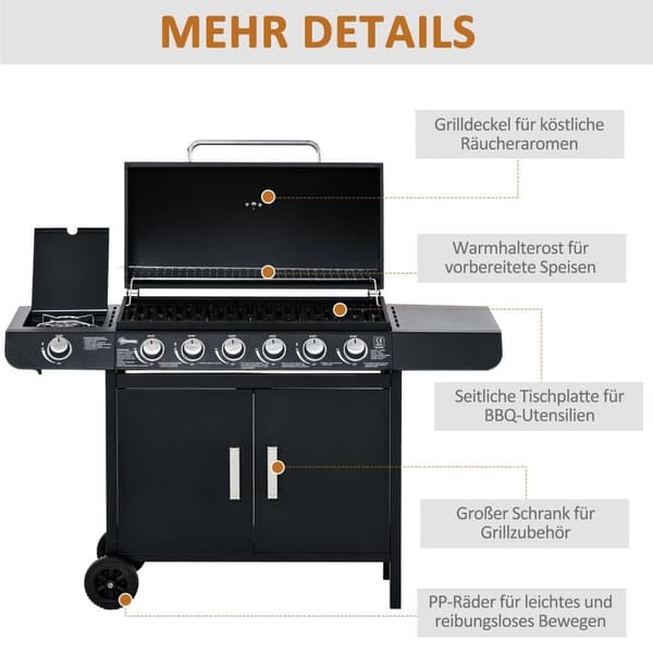 Grill för Barbecue, Gasgrill BBQ Grillvagn, 135x50x100 cm, Svart