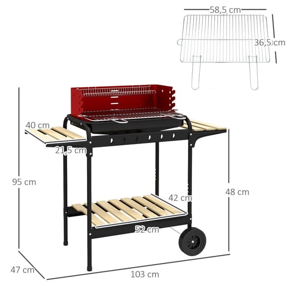 Rootz Charcoal Grill BBQ Smoker - Barbecue - Outdoor Cooker - Justerbar höjd - 103x47x95 cm röd med hjul och trähylla