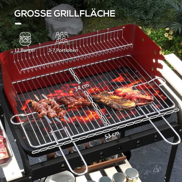 Rootz Charcoal Grill BBQ Smoker - Barbecue - Outdoor Cooker - Justerbar höjd - 103x47x95 cm röd med hjul och trähylla