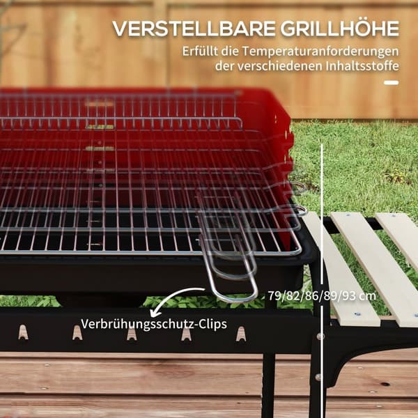 Rootz Charcoal Grill BBQ Smoker - Barbecue - Outdoor Cooker - Justerbar höjd - 103x47x95 cm röd med hjul och trähylla