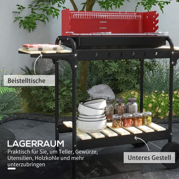 Rootz Charcoal Grill BBQ Smoker - Barbecue - Outdoor Cooker - Justerbar höjd - 103x47x95 cm röd med hjul och trähylla