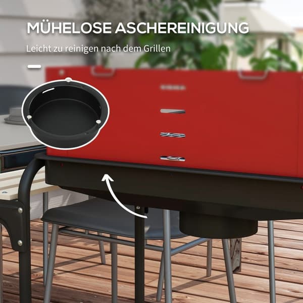 Rootz Charcoal Grill BBQ Smoker - Barbecue - Outdoor Cooker - Justerbar höjd - 103x47x95 cm röd med hjul och trähylla