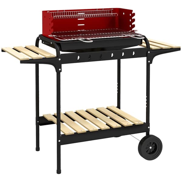 Rootz Charcoal Grill BBQ Smoker - Barbecue - Outdoor Cooker - Justerbar höjd - 103x47x95 cm röd med hjul och trähylla