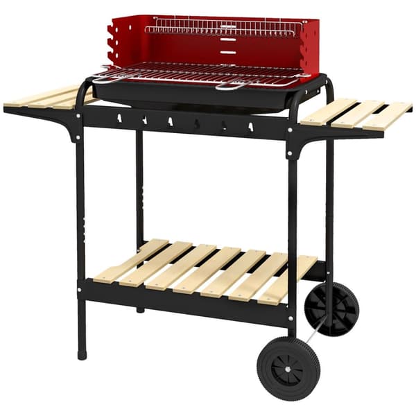 Rootz Charcoal Grill BBQ Smoker - Barbecue - Outdoor Cooker - Justerbar höjd - 103x47x95 cm röd med hjul och trähylla