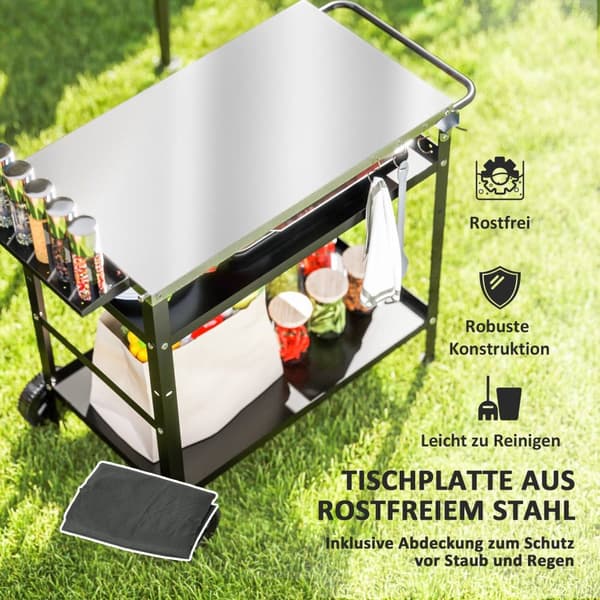 Rootz Grill Car - BBQ Serveringsvogn - Grill Bord - Robust & Easy Clean Surface - Rustfrit stål - 100x52x80cm sort, grå
