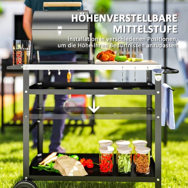 Rootz Grill Car - BBQ Serveringsvogn - Grill Bord - Robust & Easy Clean Surface - Rustfrit stål - 100x52x80cm sort, grå