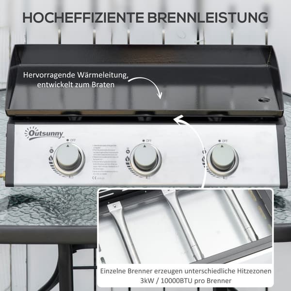 Rootz 3 Burner Gas Grill - Portable BBQ - Utomhuslagning - Non -Stick Grill Plate - Rostfritt stål - Easy Transport - 63 cm x 48 cm x 21cm