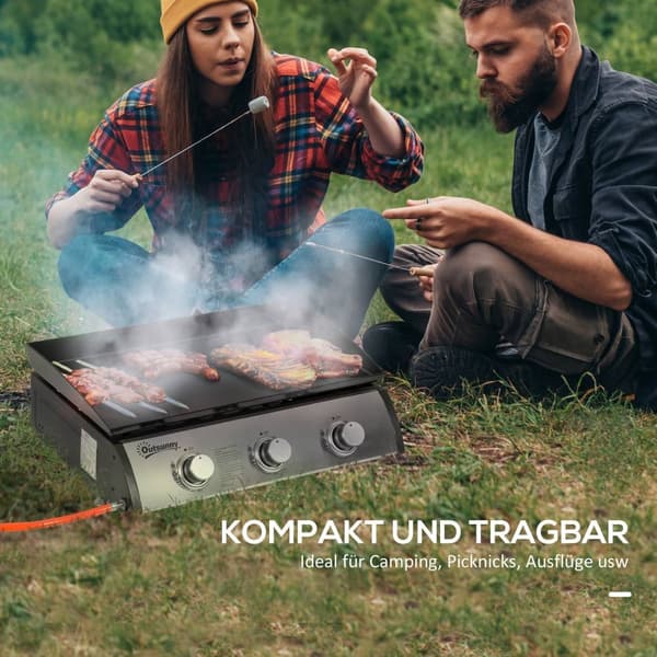 Rootz 3 Burner Gas Grill - Portable BBQ - Utomhuslagning - Non -Stick Grill Plate - Rostfritt stål - Easy Transport - 63 cm x 48 cm x 21cm