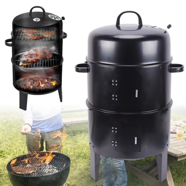 3-in-1 BBQ-Grilli – Savustin, Grilli & Haudutuspata | Suuri Kapasiteetti & Säädettävä Ilmavirtaus