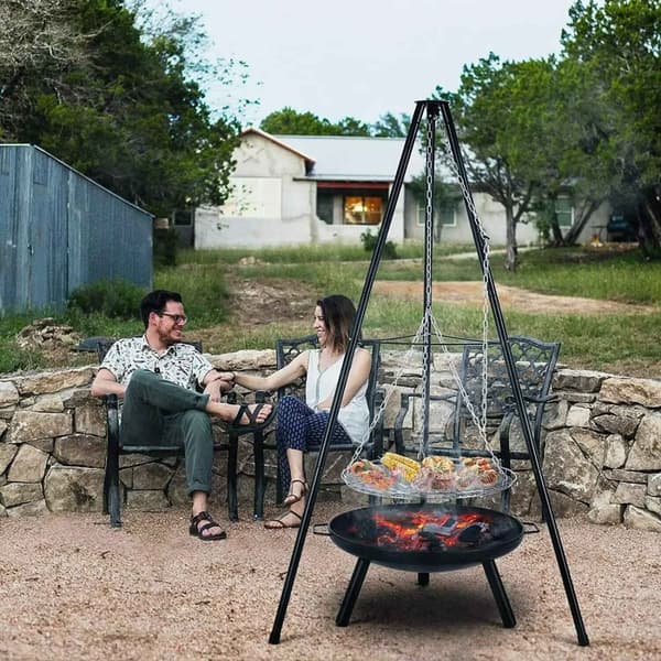 3-i-1 udendørsgrill med ildsted, hængekedel & justerbar højde – ideel til camping & picnic
