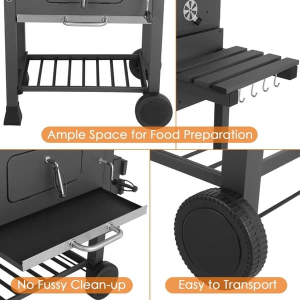 Stor BBQ-grill med hjul, termometer, stor grillflade & opbevaringshylder – perfekt til familie og venner