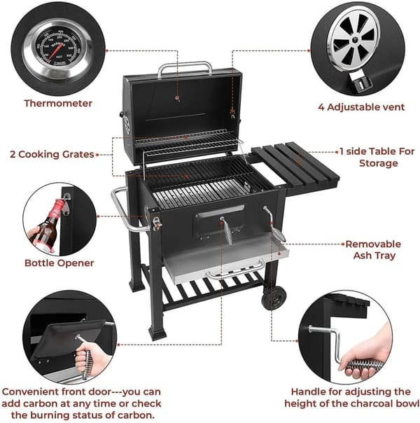 Stor BBQ-grill med hjul, termometer, stor grillflade & opbevaringshylder – perfekt til familie og venner