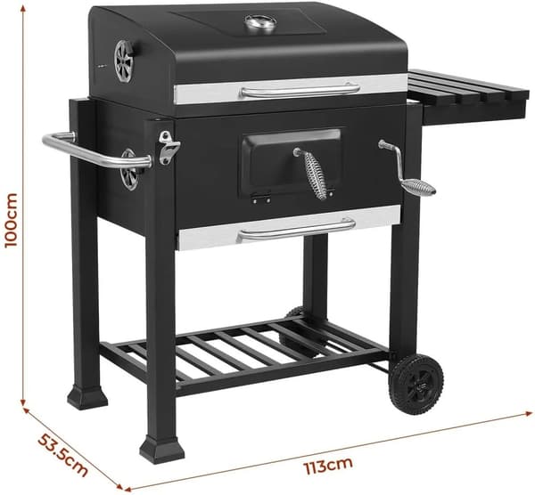 Stor BBQ-grill med hjul, termometer, stor grillflade & opbevaringshylder – perfekt til familie og venner