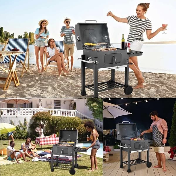 Stor BBQ-grill med hjul, termometer, stor grillflade & opbevaringshylder – perfekt til familie og venner