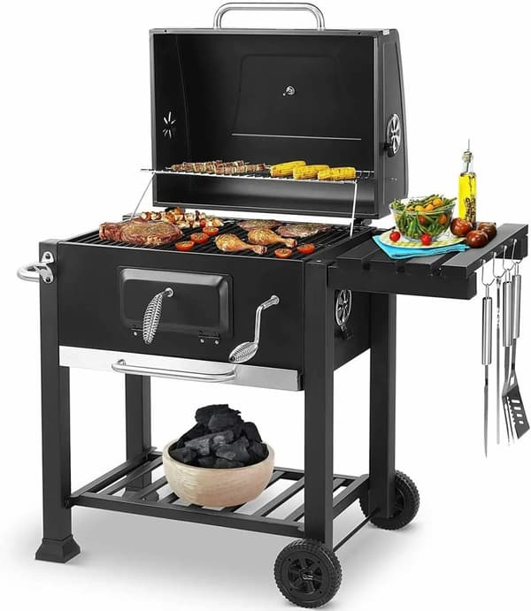 Stor BBQ-grill med hjul, termometer, stor grillflade & opbevaringshylder – perfekt til familie og venner
