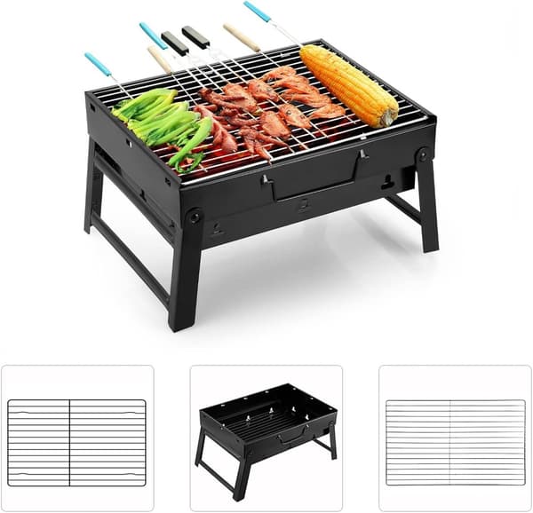 Kompakt og transportabel kulgrill i rustfrit stål – ideel til 2–4 personer på ture, camping eller i haven