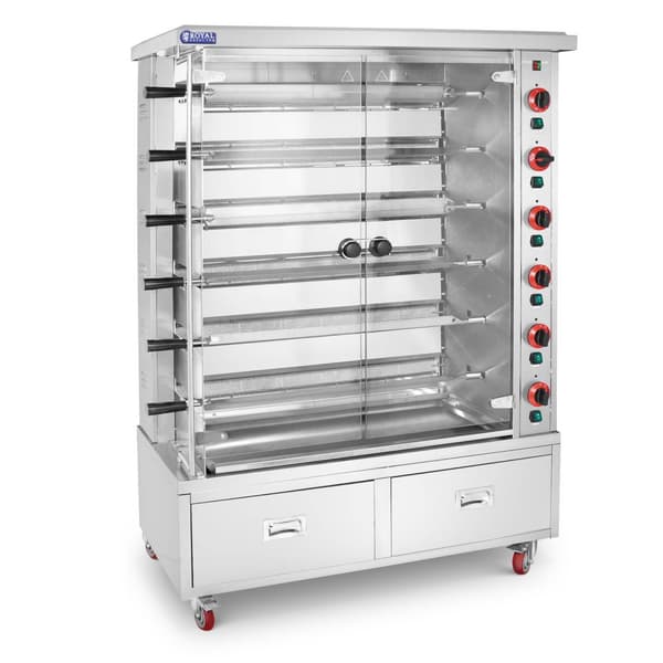 Gas Chicken Grill - 6 spett - med belysning, hjul och 2 lådor - Royal Catering