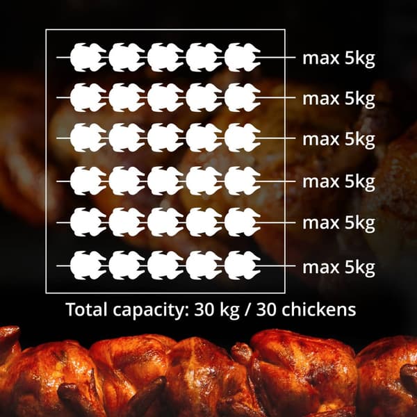 Gaskycklinggrill - 6 spett - med belysning och hjul - Royal Catering