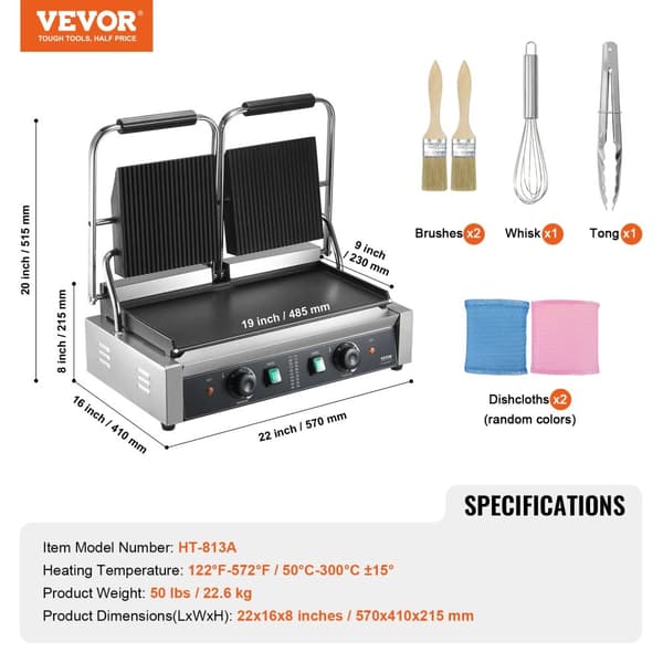 Elektrisk Smörgåsgrill, 3600W, 19x9 Matlagningsyta, Justerbar Temperatur,3600W 19x9tum