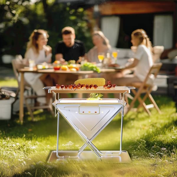 Fällbar Eldstad Grill, Bärbar Design, Justerbar Höjd,Silver