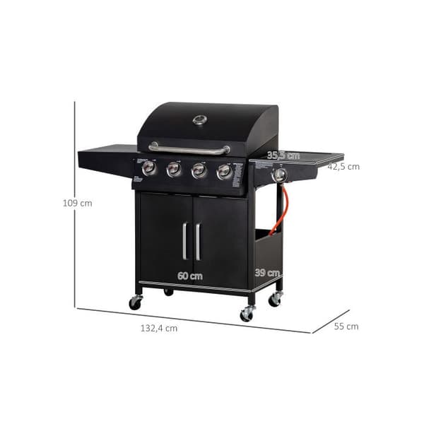 Gasgrill med 3 brännare på 3 kW vardera, grillnät, sidobord, 132,4 cm x 55 cm x 109 cm