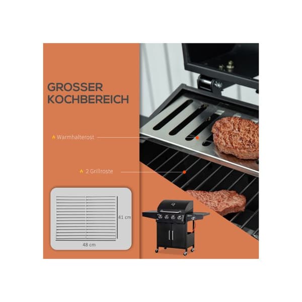 Gasgrill med 3 brännare på 3 kW vardera, grillnät, sidobord, 132,4 cm x 55 cm x 109 cm