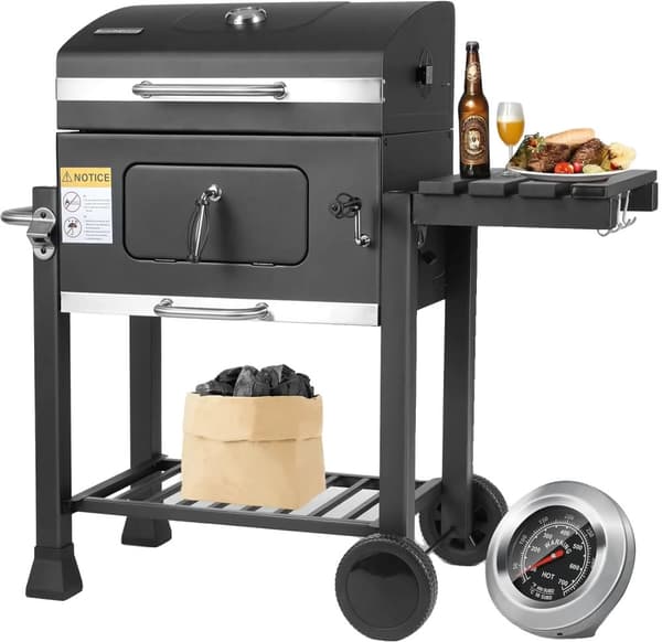 Hi, I'm looking for a charcoal grill trolley with an adjustable tray and a cooking area of 578 square inches.