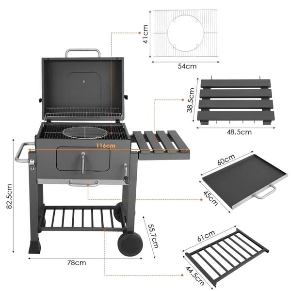 Kulgrill, Højdejusterbart Kulark, Stor Madlavningsflade, Nem Rengøring