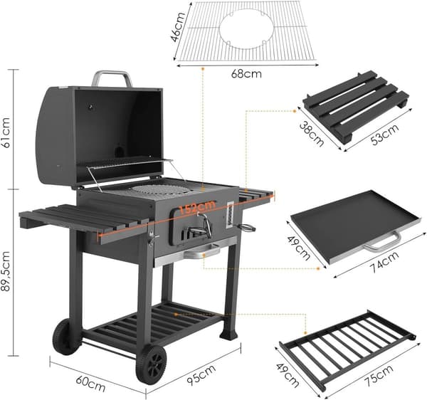 Kolgrill, Extra Stor Matlagningsyta, Portabel Vagnsdesign