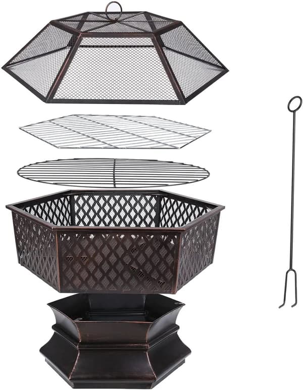 Utomhus Hexagonal Trädgårdsgrill, Kol Kol Bassäng, Brandsäkert Stål med Gallerlock