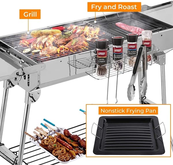 Kolgrill, rostfritt stålkonstruktion, portabel för camping.