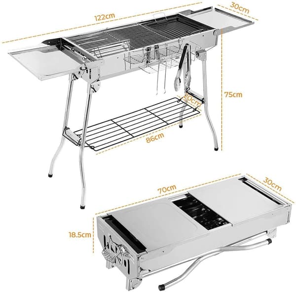 Kolgrill, rostfritt stålkonstruktion, portabel för camping.