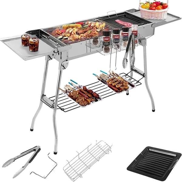 Kolgrill, rostfritt stålkonstruktion, portabel för camping.