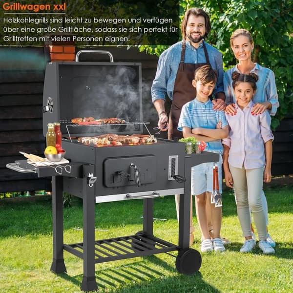 Kolgrill, integrerad termometer, justerbar höjd,svart