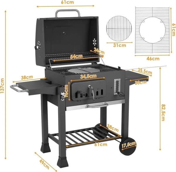 Kolgrill, integrerad termometer, justerbar höjd,svart
