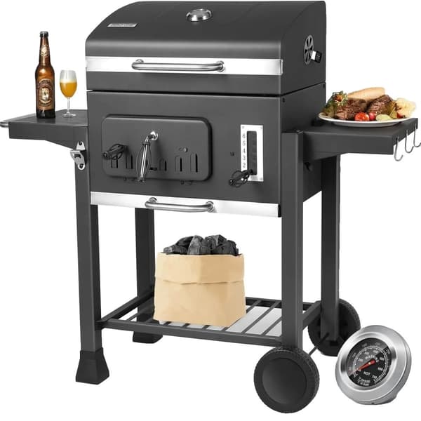 Kolgrill, integrerad termometer, justerbar höjd,svart