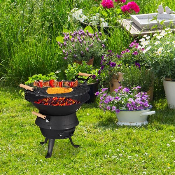 Relaxdays Gjutjärnsgrillfat, höj- och sänkbar eldstad, ventilation, för kol, HlP 40x45x36cm. svart