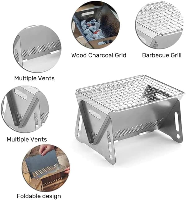 Lollanda foldbar campinggrill i rustfrit stål – bærbar kulgrill til camping, picnic og udendørs madlavning