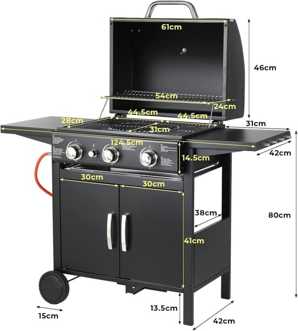 3-Burner Gasgrill, Nem Tænding, Praktisk Mobilitet