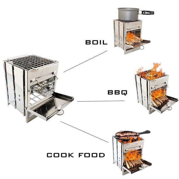 OBOSOE Kompakt utomhusgrill i rostfritt stål – fyrkantig vedeldad BBQ-grill för camping och picknick