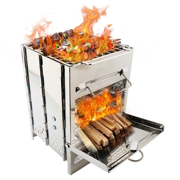 OBOSOE Kompakt utomhusgrill i rostfritt stål – fyrkantig vedeldad BBQ-grill för camping och picknick