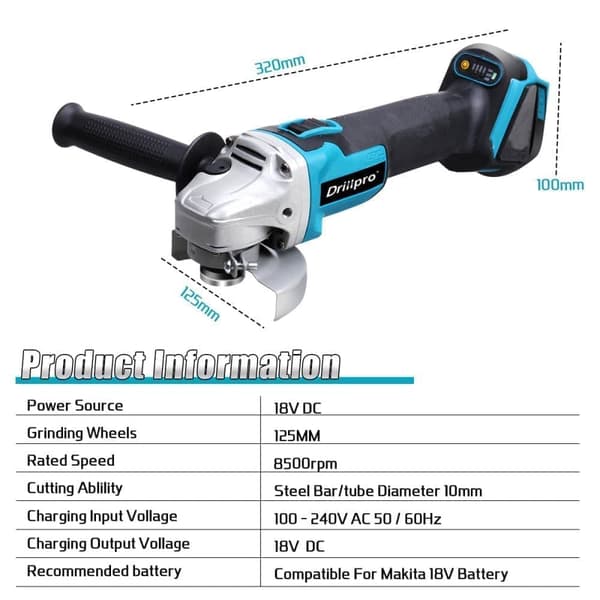 125mm 800W johdoton kulmahiomakone Power Cutter hiomakone Makitan 18V akulle