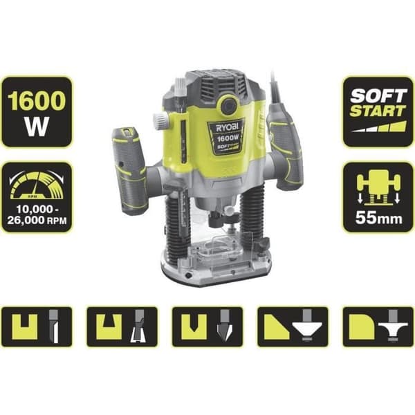 RYOBI - 1 600 W överfräs - 10 000-26 000 rpm - 8/6 mm spännhylsor - 5 fräsar ingår - Levereras i kartong - RRT1600-K