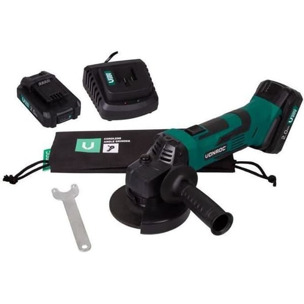 Komplett slipsats - VPower 20V- 115mm batterikvarn - 2 x 2,0Ah batterier, snabbladdare, sidohandtag
